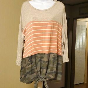 Striped peach and camo knot top